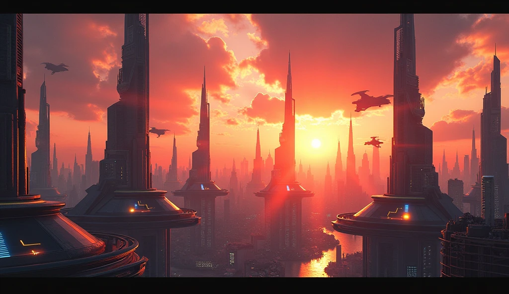 Sci-fi cityscape sunset, epic masterpiece, cinematic, volumetric lighting