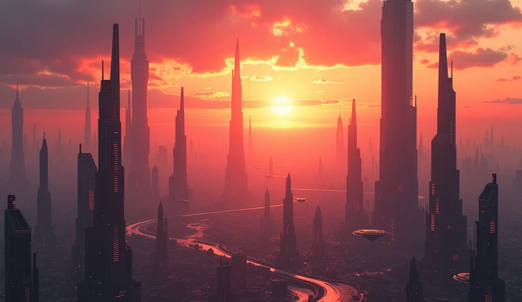 Sci-fi cityscape sunset, epic masterpiece, cinematic, volumetric lighting