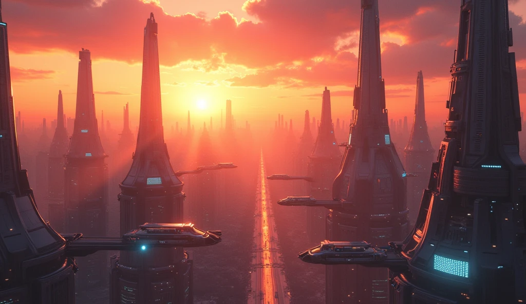Sci-fi cityscape sunset, epic masterpiece, cinematic, volumetric lighting 