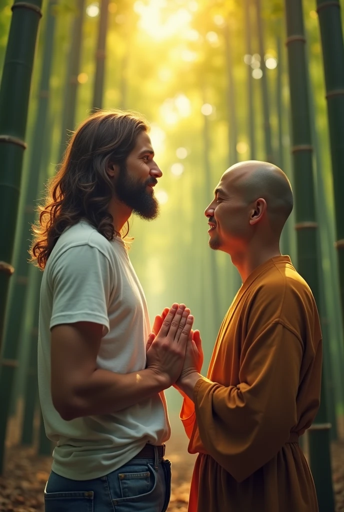 Viewed from above. Jesus Christ and a Japanese man praying in a bamboo forest in Kyoto. they are shining. Surrounded by rainbow-colored light. Jesus is wearing a white T-shirt and blue jeans. Jesus of Nazareth is depicted as a gentle, gentle man with shoulder-length hair. His wavy brown hair cascades over his shoulders. His face conveys deep wisdom and empathy, radiating warmth and understanding. The other man is depicted as a kind-hearted Japanese man with a Buddha-like shaved head and a gentle, cheerful expression. Japanese men's faces convey deep wisdom and empathy, radiating warmth and understanding. Close your eyes, smile and pray. Photography, close-up, highly detailed, trending at the art station, sharp focus, studio shot, intricate details, Greg Rutkowski,