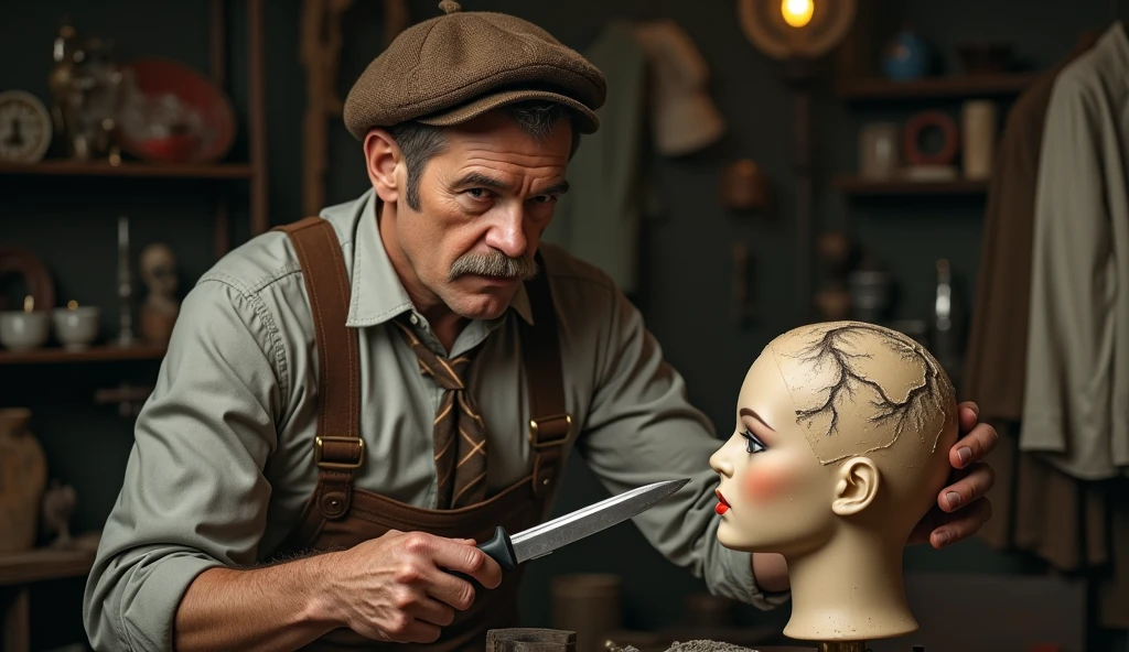 forty year old man with a mustache, wears vintage clothes and a vintage brown beret, He holds sharp knives in his hands, is rebuilding a broken female mannequin.