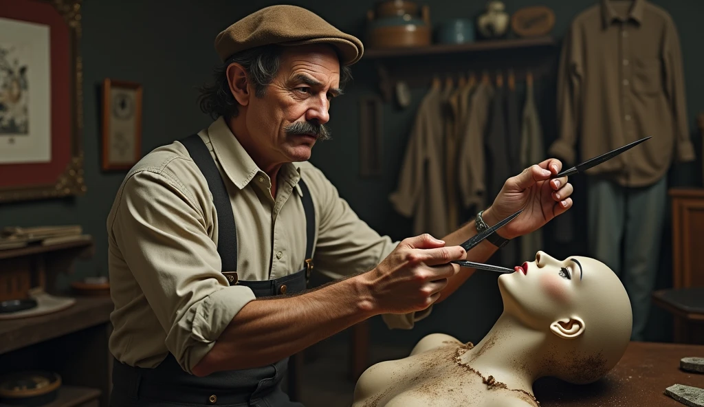forty year old man with a mustache, wears vintage clothes and a vintage brown beret, He holds sharp knives in his hands, is reconstructing the head of a broken female mannequin.