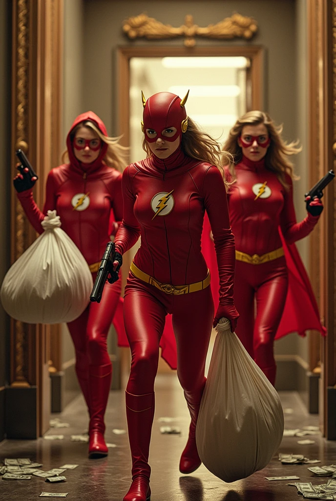 3 famme qui porte un cosplay de Flash qui font un braquage dans une banque avec bauecou argent dedans avec des sac pour ramasser et des pistolet