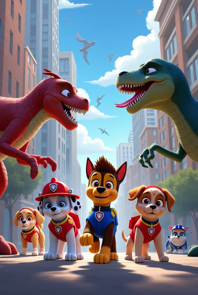 Birthday art for paw patrol dressed as spiderman fighting dinosaurs