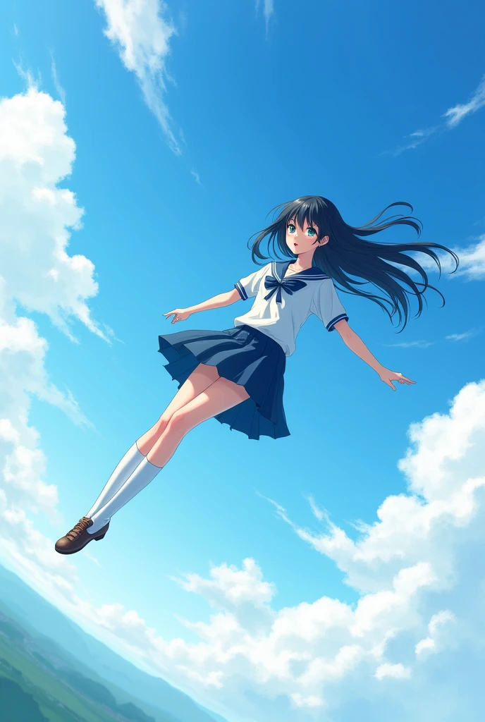 A flying girl flying in the sky she has black hair and school clothes 