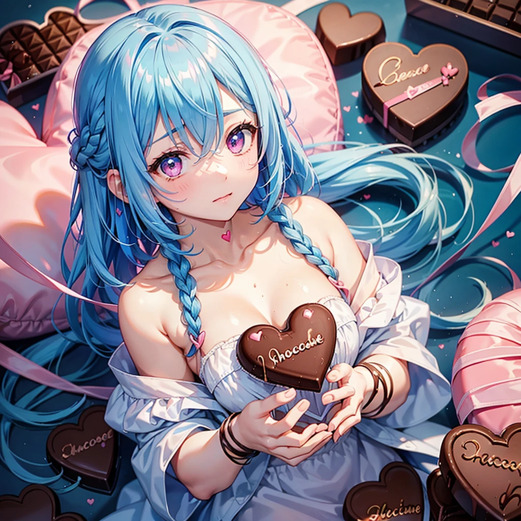 Sky Blue Hair、Braided Short Hair、Pink Eyes、Fair skin、whole body、One person、Shy、Lots of hearts in the background、(Heart-shaped chocolate)、(Chocolate Angel)、valentine's day、masterpiece、Highest quality、Very detailed、Best Shadow、Detailed Background、Beautifully detailed face、High contrast、Best lighting、Very delicate and beautiful、Cinematic light、Hyper Detail、8k、Dramatic Light、Exquisite detail、
