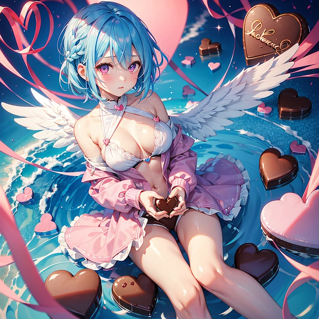 Sky Blue Hair、Braided Short Hair、Pink Eyes、Fair skin、whole body、One person、Shy、Lots of hearts in the background、(Heart-shaped chocolate)、(Chocolate Angel)、valentine&#39;s day、masterpiece、Highest quality、Very detailed、Best Shadow、Detailed Background、Beautifully detailed face、High contrast、Best lighting、Very delicate and beautiful、Cinematic light、Hyper Detail、8k、Dramatic Light、Exquisite detail、