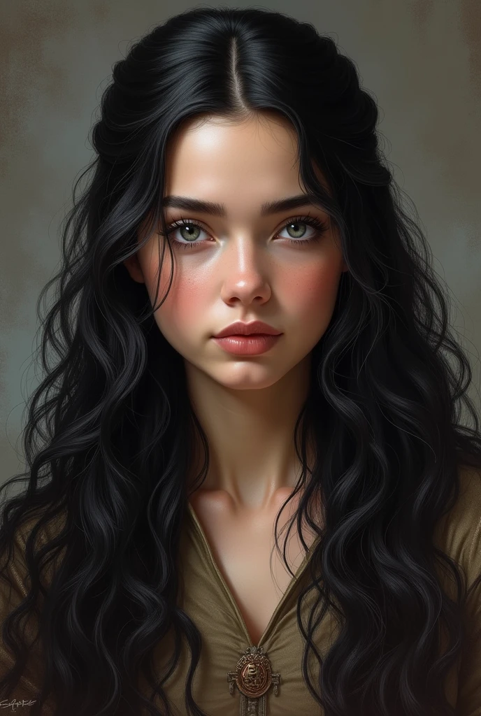 Lyanna Stark ,long dark hair, gray eyes almost blue of a deep color, Typical of House Stark, a wild and strong-willed beauty, admired for her great beauty.