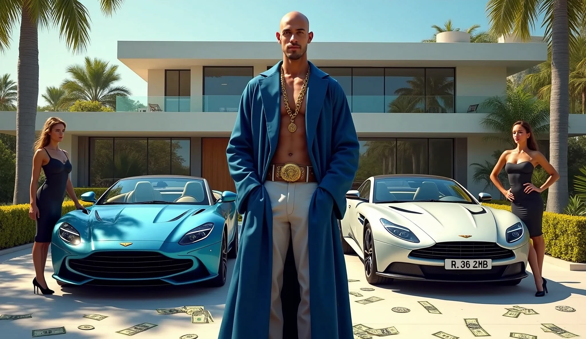 A young charismatic, bald, tanned wizard without showing his body, wizard dress dressed in blue without hat, with jewelry and dollars coming out of his pocket, is standing confidently. Next to you, two stunning women, dressed in sophisticated and minimalist clothes, super sexy, leaning against the cars, representing wealth and attraction. Ao fundo, a large ultra-modern house with an impeccable garden and a swimming pool. High-end sports cars, like a Porsche and an Aston Martin, are highlighted, highlighting a life of wealth and luxury. The scene captures the essence of magical opulence and financial success., with each element emphasizing ultra-royal wealth and prestige, 