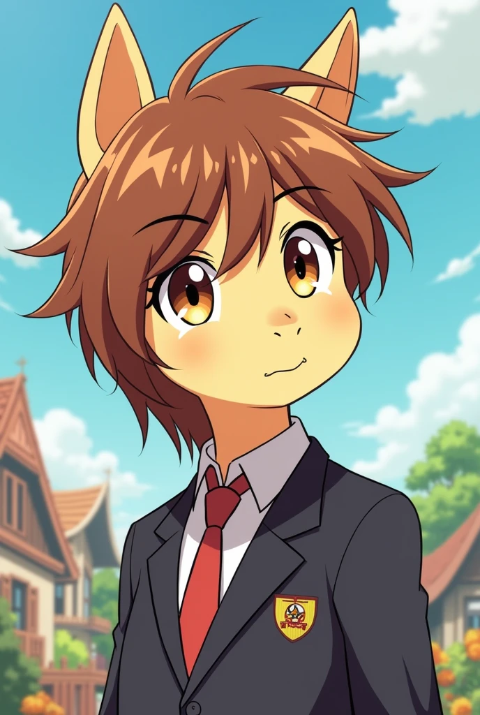 Create an image of the character Ayanokouji Kiyotaka from the anime Classroom of the Elite but as a pony from the MLP world. His hair color is brown and amber eyes and fair skin. He is male and has a cutie mark for manipulation. His fur is shorter like a book but with a lock of hair on his forehead and a lighter fur tone.