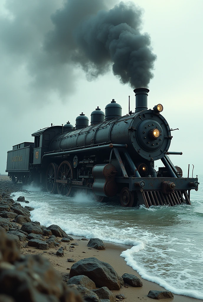 (Photo realism) old vapor train, without rails, crashed on beach, destroyed on rocks, on fire, outdoors, soft lighting, sea in background, realistic, intricate details, cold colors