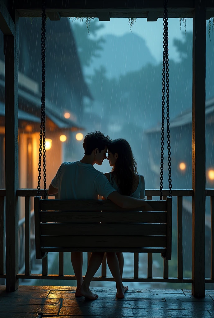 Couple in balcony, on one old wooden swing chair,Rainy night, dark night in village