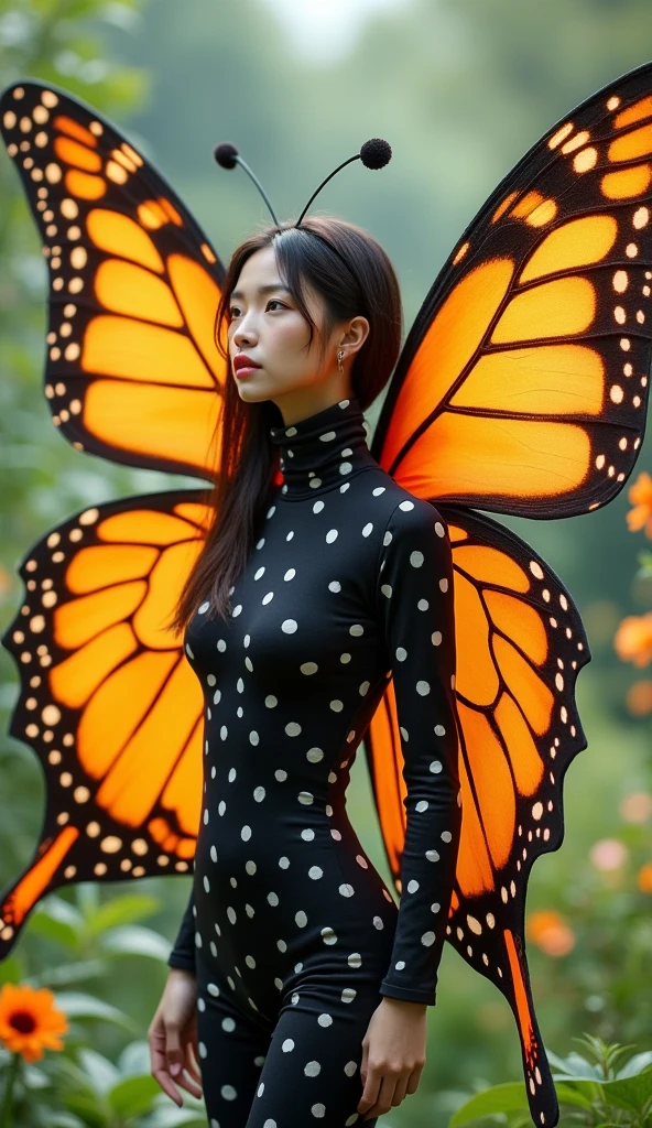 The beautiful asian ager girl with beautiful cheeks wears black beautiful butterfly lycra turtleneck unitard catsuit covered with white seamless polkadots with a pair of large orange butterfly wings and lycra elastane dancewear hood with antennae.She is happy in the garden.