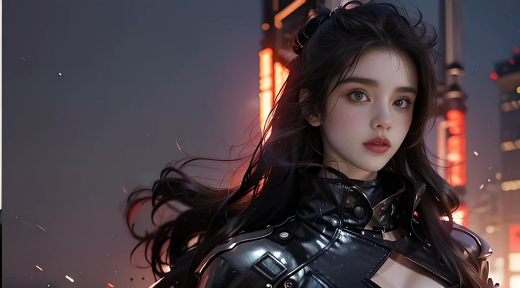 ((masterpiece, best quality, Highest image quality, high resolution, Reality, RAW photos, 8K)), Bustling future city night scene，Girl standing on the roof，Tight leather jacket，Off-shoulder，Large Breasts，Long hair，Pretty face，Closed mouth，dramatic，Upper Body，（midnight）