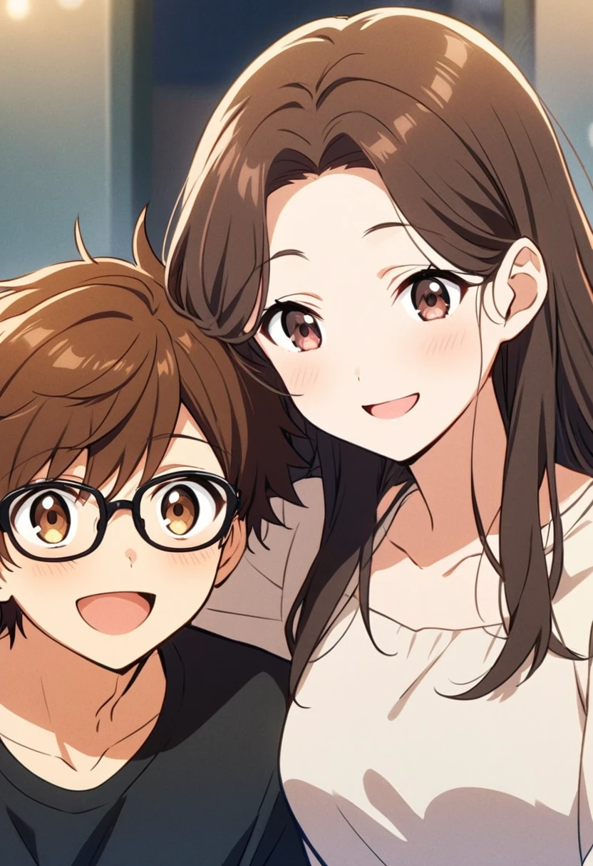 anime, two people, one beautiful female with long brown hair and no glasses, the other person is a male with short dark brown hair and black rimmed glasses, they are boyfriend and girlfriend, both smiling