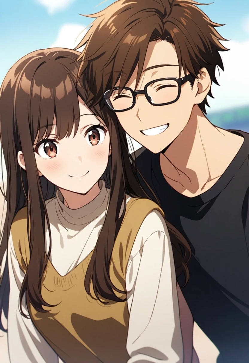 anime, two people, one beautiful female with long brown hair and no glasses, the other person is a male with short dark brown hair and black rimmed glasses, they are boyfriend and girlfriend, both smiling