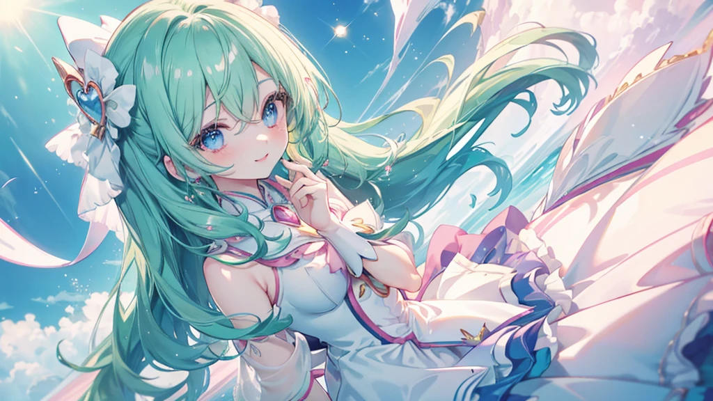 (Top view,Spread your hands), (((Highest quality、masterpiece、Ultra-fine、Ultra-fine、髪UP,Green Hair,Exquisite、Absolute area,dress,16K,cute,Sitting,The best smile,Full HD,)), ( ((summer,One person,かわいいMagical girl,)))Blue Eyes、Long eyelashes、White skin、(Pale pink lips、Pale pink cheeks、thin and long)、((かわいいMagical girl,The best smile)), (One person)) 、(blue sky)) 、 ((Magical girl)