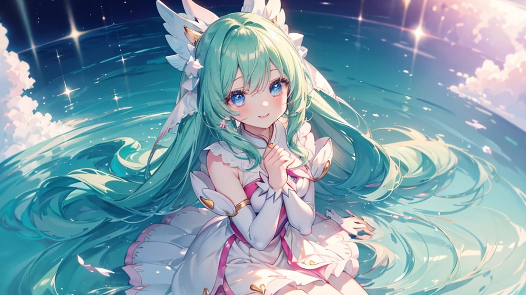 (Top view,Spread your hands), (((Highest quality、masterpiece、Ultra-fine、Ultra-fine、髪UP,Green Hair,Exquisite、Absolute area,dress,16K,cute,Sitting,The best smile,Full HD,)), ( ((summer,One person,かわいいMagical girl,)))Blue Eyes、Long eyelashes、White skin、(Pale pink lips、Pale pink cheeks、thin and long)、((かわいいMagical girl,The best smile)), (One person)) 、(blue sky)) 、 ((Magical girl)