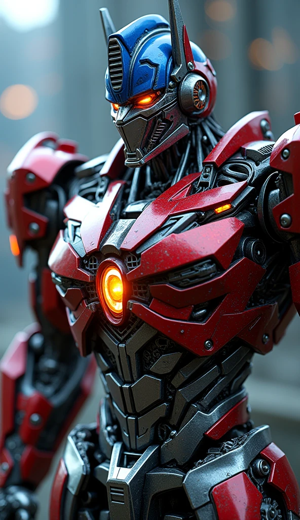 intricate highly detailed cyberpunk Optimus Prime robot, hyper realistic, hyper detailed, extremely detailed, ultra detailed, octane render, 8k, 4k, highly detailed mecha, highly detailed machinery, highly detailed texture, highly detailed greebles, highly detailed mechanical parts, highly detailed armor panels, highly detailed rivets, highly detailed hydraulic pistons, highly detailed mechanical gears, highly detailed cybernetic systems, complex machinery, advanced technology, glowing energy core, glowing lights, complex circuitry, metallic materials, chrome metal, steel, titanium, high quality, photorealistic, dynamic pose, powerful presence, dramatic lighting, cinematic composition