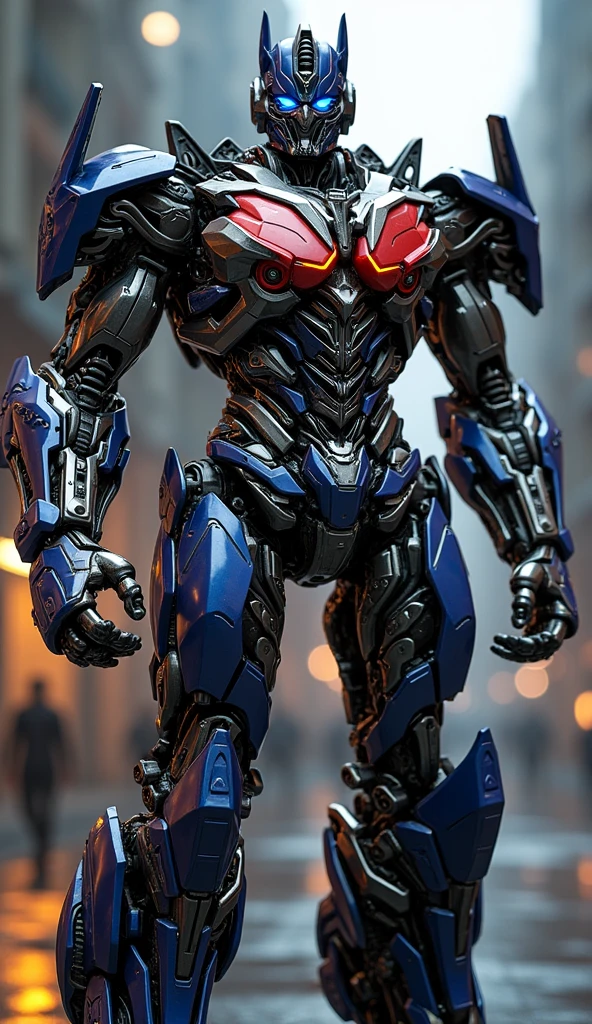 intricate highly detailed cyberpunk Optimus Prime robot, hyper realistic, hyper detailed, extremely detailed, ultra detailed, octane render, 8k, 4k, highly detailed mecha, highly detailed machinery, highly detailed texture, highly detailed greebles, highly detailed mechanical parts, highly detailed armor panels, highly detailed rivets, highly detailed hydraulic pistons, highly detailed mechanical gears, highly detailed cybernetic systems, complex machinery, advanced technology, glowing energy core, glowing lights, complex circuitry, metallic materials, chrome metal, steel, titanium, high quality, photorealistic, dynamic pose, powerful presence, dramatic lighting, cinematic composition