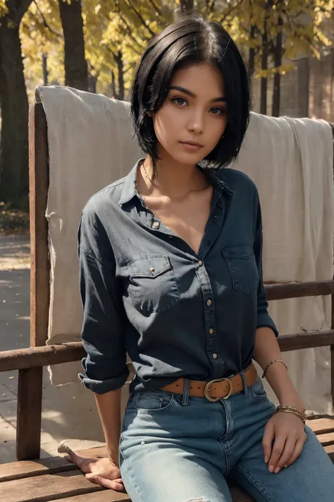 woman ((short straight black hair)) is sitting on a wooden bench wearing a simple black shirt and jeans ((greeneyes)) natural be...