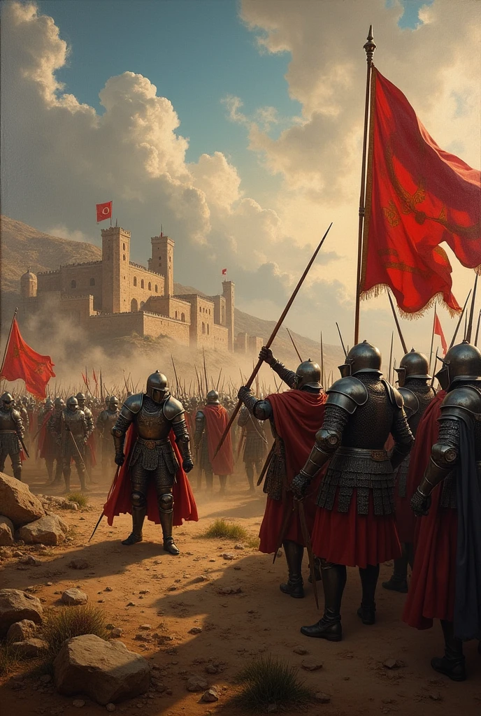 Representation of the Battle of Nicaea, emphasizing the defeat of the Seljuks and the union between Byzantines and Crusaders