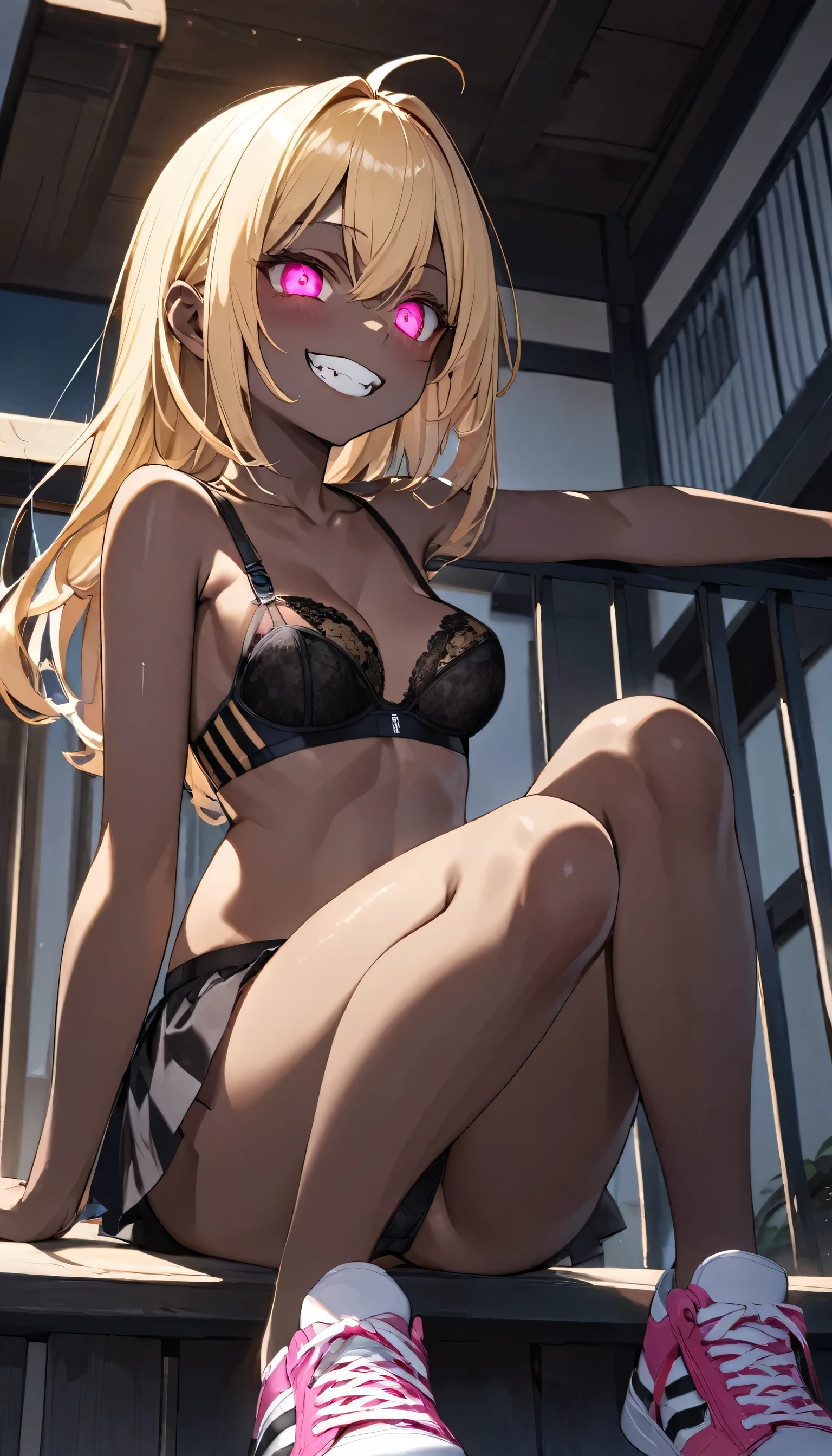 1girl, (Angle from below)、((On the balcony)), The girl bends forward to show off her breasts、legs apart, (Blonde), (Tanned shiny black skin:1.4)、Glowing Eyes, ((evil grin)), ( girl), Multicolored Hair、Cap, pink rip, ((((Long sleeveless shirt)), Black Bra、Sheer miniskirt、((Panties with horizontal stripes)), (small breasts), (jewelry))), (close up breast:1.4), ((I'm wearing sneakers)),