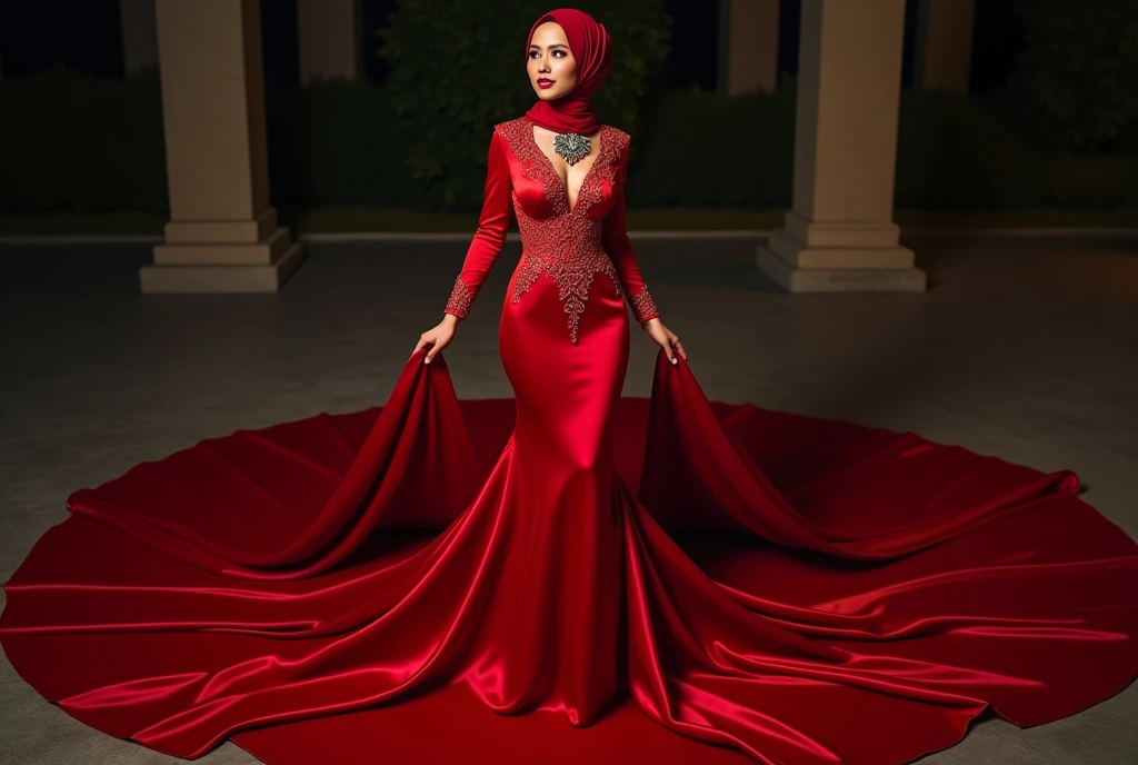 An malay woman in glamorous red mermaid evening dress, wear long slave bolero, long satin scarf wrapped around her arms, wear jewellery, wear modern satin hijab, entirety of fabric over dress about 7 meters in length trailing dramatically, glamours style, overlong dress train, extreme detail on the texture of the fabric, wear high heels, sexy random pose outdor, dramatic lighting, ultra realistic, high-resolution photography.