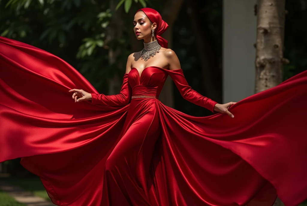 An malay woman in glamorous red mermaid evening dress, wear long slave bolero, long satin scarf wrapped around her arms, wear jewellery, wear modern satin hijab, entirety of fabric over dress about 7 meters in length trailing dramatically, glamours style, overlong dress train, extreme detail on the texture of the fabric, wear high heels, sexy random pose outdor, dramatic lighting, ultra realistic, high-resolution photography.
