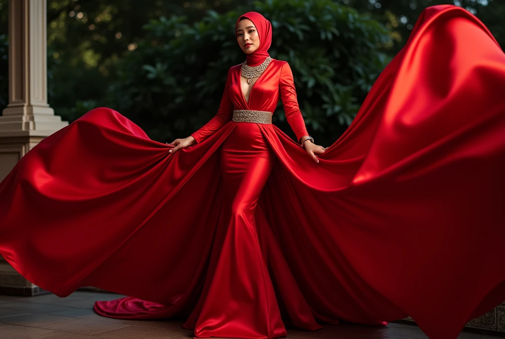 An malay woman in glamorous red mermaid evening dress, wear long slave bolero, long satin scarf wrapped around her arms, wear jewellery, wear modern satin hijab, entirety of fabric over dress about 7 meters in length trailing dramatically, glamours style, overlong dress train, extreme detail on the texture of the fabric, wear high heels, sexy random pose outdor, dramatic lighting, ultra realistic, high-resolution photography.