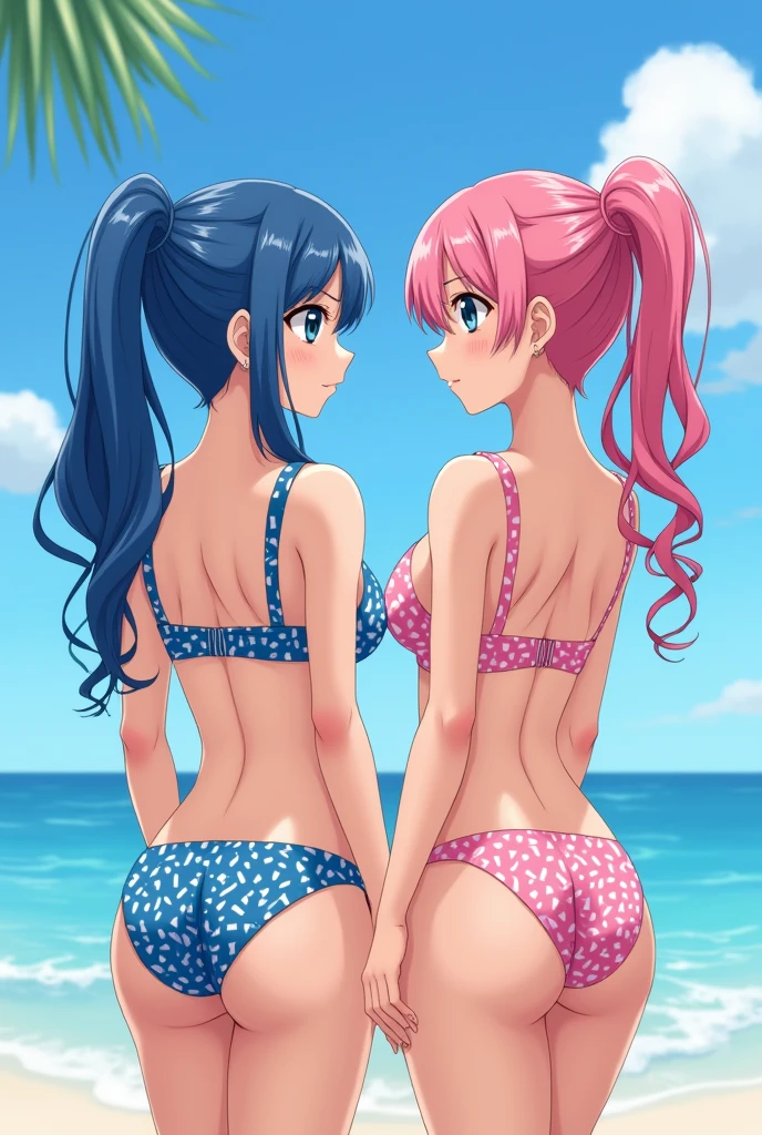 two japanese girls , one is blue hair another is pink hair, ((they cloth Geometric-print-bikini one is blue base another is pink base:1.5)),18 years old , cute face ,cleavage between breasts,large breasts,cute face, ponytail ,wave hair,darkcyan eyes,beach,masterpiece, extremely fine and beautiful,gravure,wet body,wet hair,embarrassed,upturned eyes,nsfw,Hourglass figure,(back pose:1.3) or (back view:1.3)