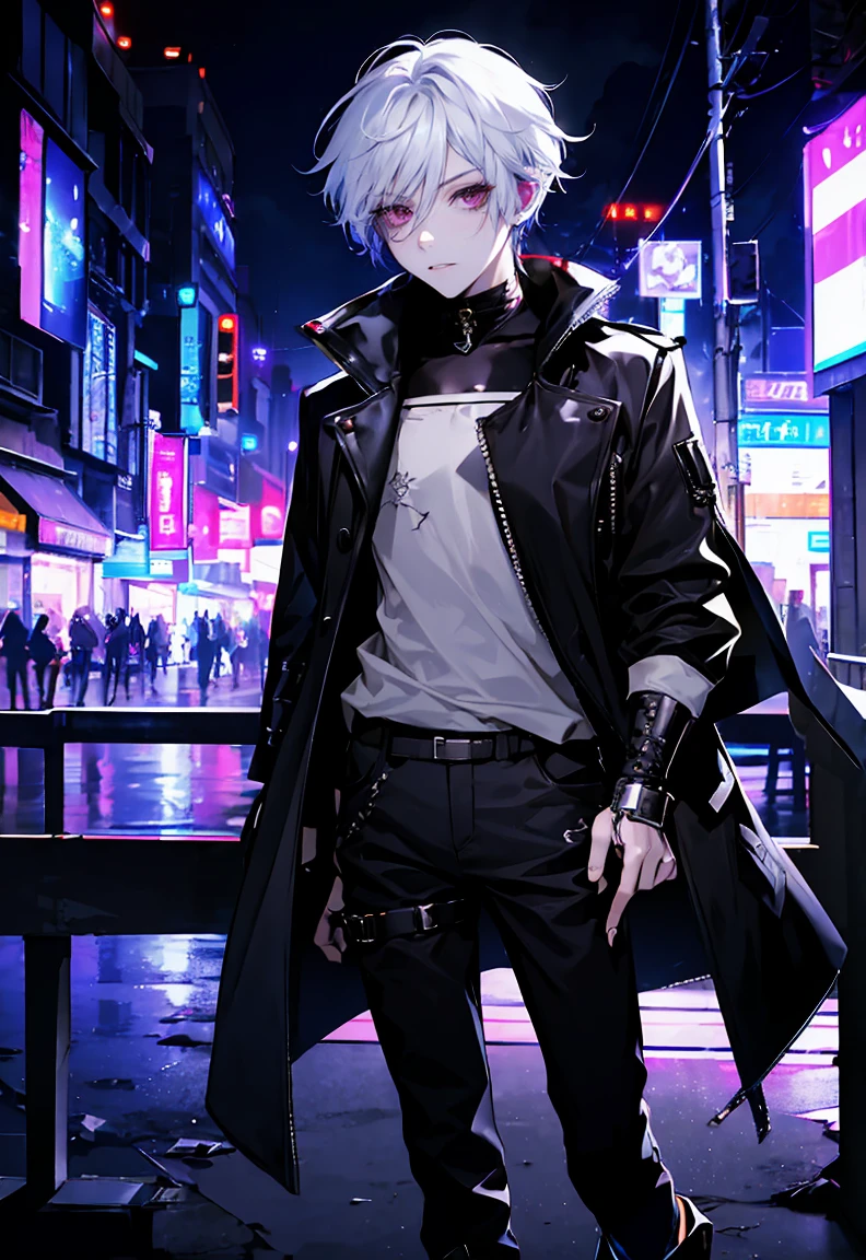 One male character, adult male, bishonen, pretty, handsome, choker, cybernetic inspiration, cyberpunk, alternative fashion, serious angry face, urban setting, cybergoth, night setting, neon lights, medium length hair, white hair with black strands, harness, baggy pants, goth boots, cinematic shot