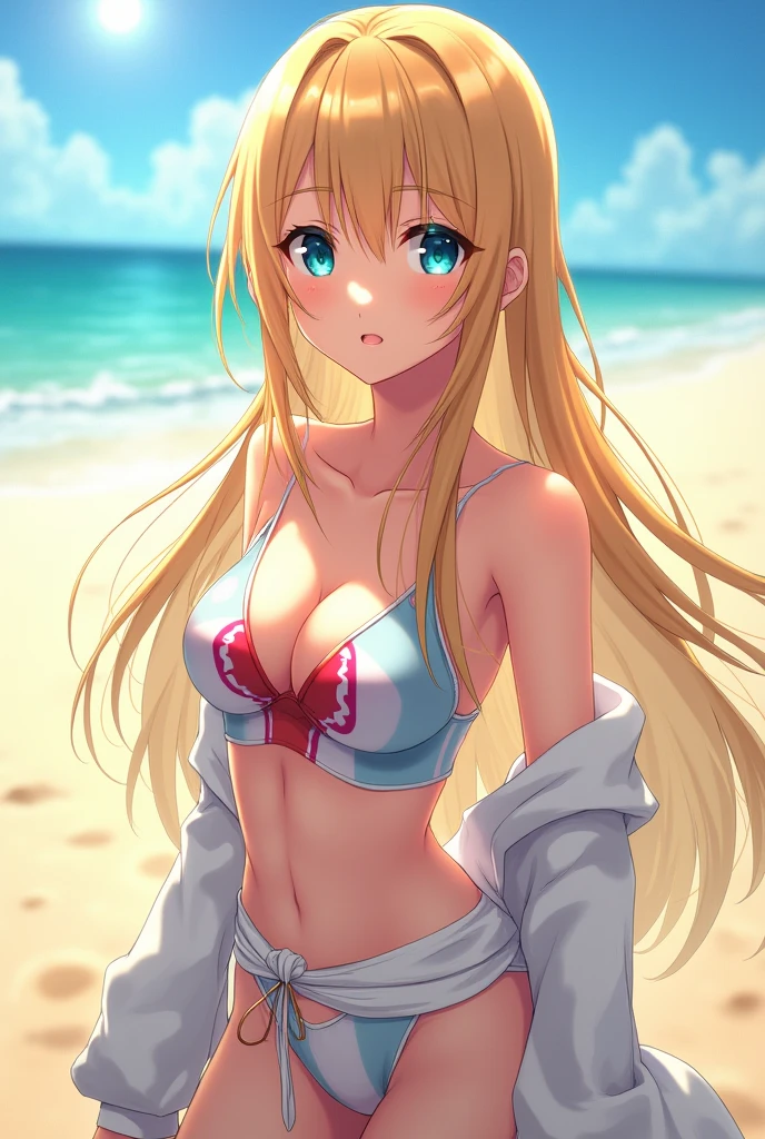 best quality, detailed, 4k, raw photo, masterpiece, detailed face,, beach, sun, seashore, (photoanemism:1.2), beautiful anime girl, blonde hair, long hair, blue beautiful eyes, long eyelashes, Straw hat , fashionable white flowery swimsuit with unique design that has colors of blue and red and pink design, jacket tied around the waist , Long angle that focuses on the girl, special effects, fashionable pose, looking at viewer, take reference: https://www.cdjapan.co.jp/product/NEOGDS-4072 