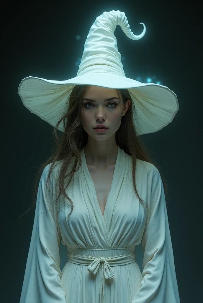 Rosto de uma witch realista misteriosa, white robes, faerie, female magician, witch, com chapéu pontudo de witchria, aura branca, black backdrop