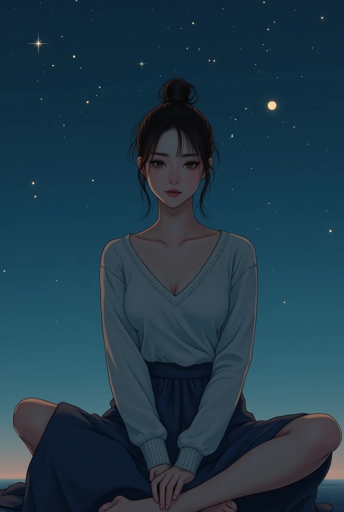 Top quality, 1 beautiful woman, 20 years old, slit eyes, super short hair, high ponytail, brown hair, V-neck-sweater, Maxi skirt, half-smile, midnight, cowboy shot, lotus position, crawling position, curvy, f cup, Monolid, Narrow eyes, Thin lips, Average face of Japanese MILFs, stick out one's buttocks