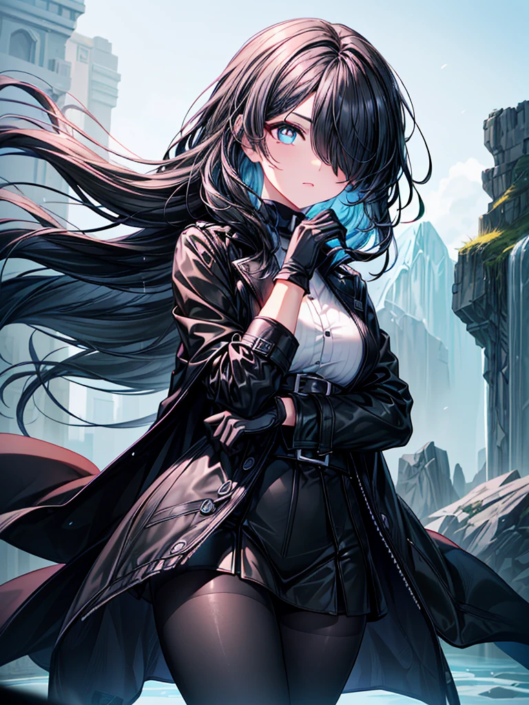 ((flame sword)),((Celestial Glacier)),((masterpiece)),((light particles)),((black micro mini length skirt),((alone)),(Serene),((Deep blue pupils)),((sparkling eyes)),(Beautiful Blue Eyes),((Wearing a black coat)),(((Wearing black tights))),(Slim body),((length, Shiny black hair)),((Her left eye is completely hidden by her bangs)),((Her hair is parted, and you can see her eyes through it)),((Wearing black gloves)),((hair over one eye,long hair)),((Hair blowing in the wind)
