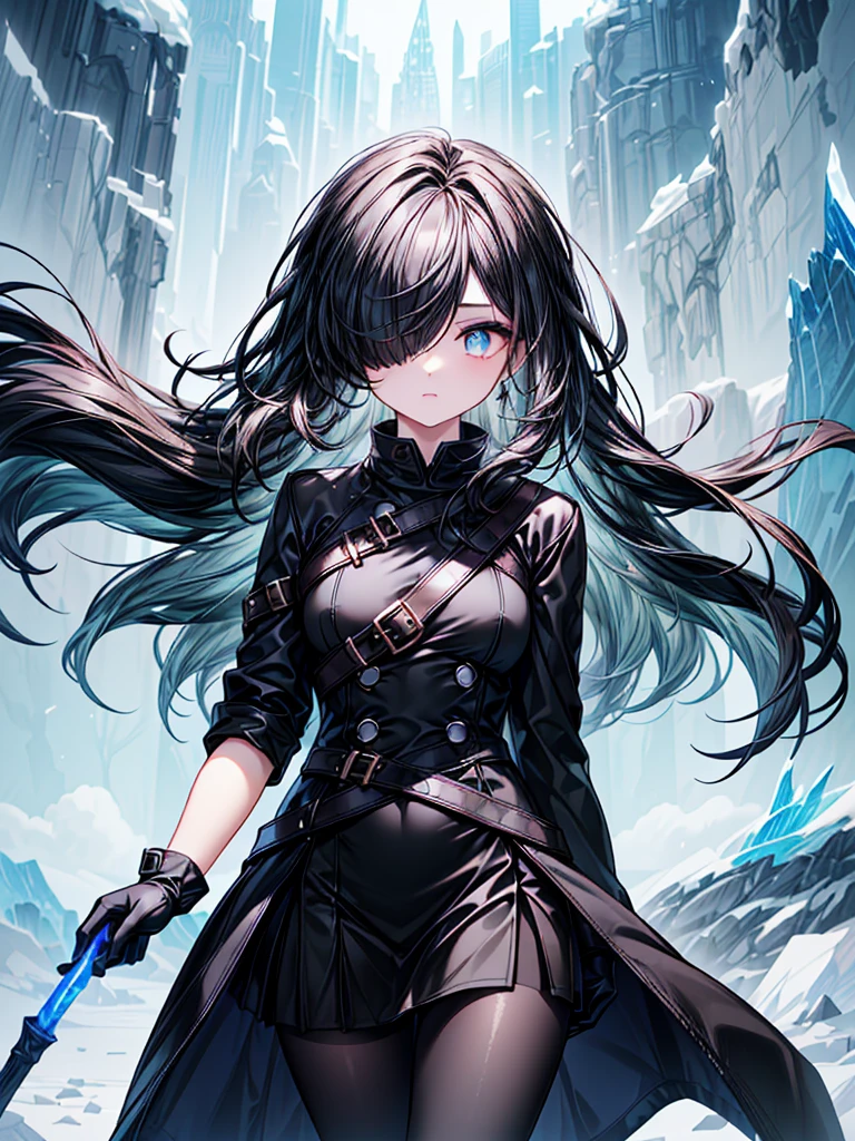 ((flame sword)),((Celestial Glacier)),((masterpiece)),((light particles)),((black micro mini length skirt),((alone)),(Serene),((Deep blue pupils)),((sparkling eyes)),(Beautiful Blue Eyes),((Wearing a black coat)),(((Wearing black tights))),(Slim body),((length, Shiny black hair)),((Her left eye is completely hidden by her bangs)),((Her hair is parted, and you can see her eyes through it)),((Wearing black gloves)),((hair over one eye,long hair)),((Hair blowing in the wind)