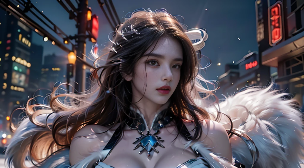 ((masterpiece, best quality, Highest image quality, high resolution, Reality, RAW photos, 8K)), Bustling future city night scene，Girl standing on the roof，fur coat，Off-shoulder，Large Breasts，Long hair，Pretty face，Closed mouth，dramatic，Upper Body，（midnight），snow