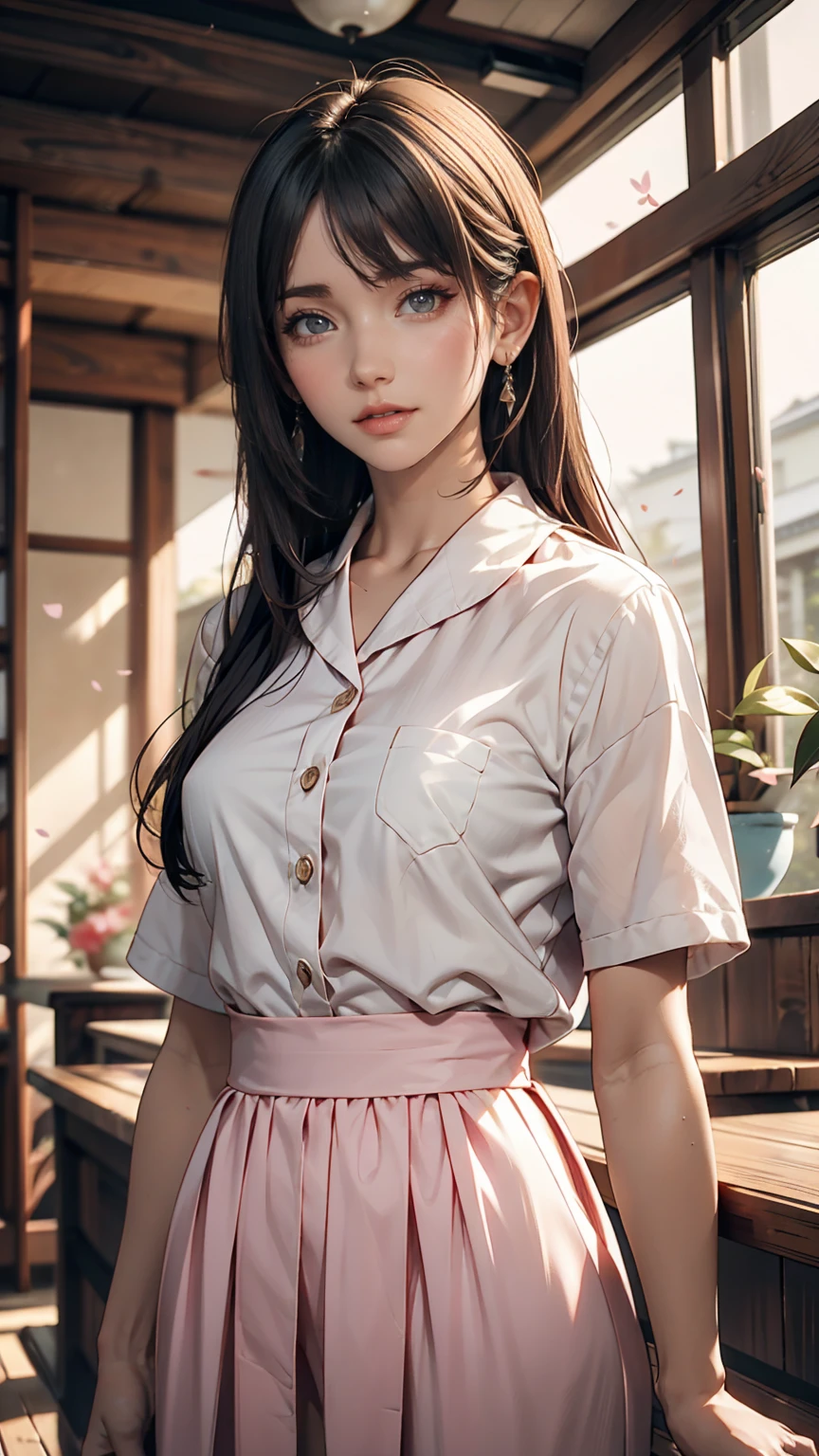 (masutepiece: 1.3), (max resolution: 1.2),, (Detailed eyes and skin), (detailed facial features), nffsw, Sharp Focus: 1.2, Perfect Style, Beautiful face, Perfect body,Highly detailed face and skin texture, Detailed eyes, Dark-blue eyes, Double eyelids, Thin eyebrows, Glitter Eyeliner: 1.2, Natural cheeks, Glossy skin, Fair skin: 1.2, shiny little necklace and earrings, (Glossy lips: 1.A very cute female teacher), Light pink lace bra　She wears pale pink lace panties　Stockings), (Seductive smile: 1.2), ((a Innocent and cute girl:1.3)), (long, straight haired, bangss), (ligh brown hair:1.2), medium large breasts,　FULL BODYSHOT　Shyness　School Changing Rooms　Herren　cute little　Wearing a white shirt　Beige pleated skirt　sexy  pose　Leaning forward　Turned