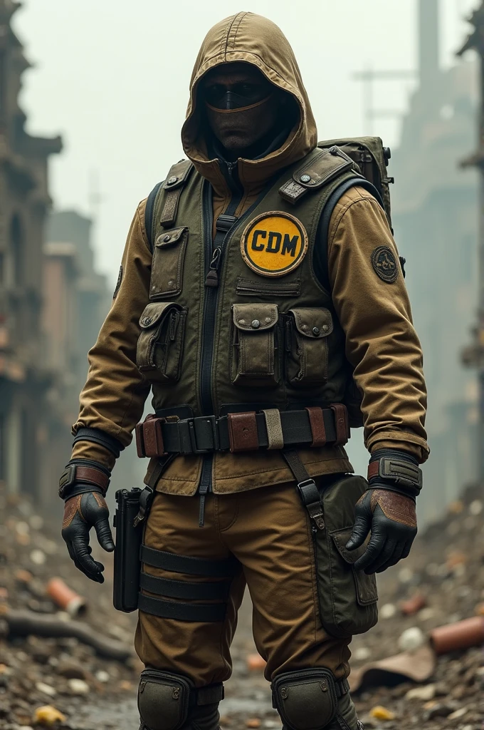 clothing of a CDM faction in a post apocalyptic world with a vest on the side that says CDM 