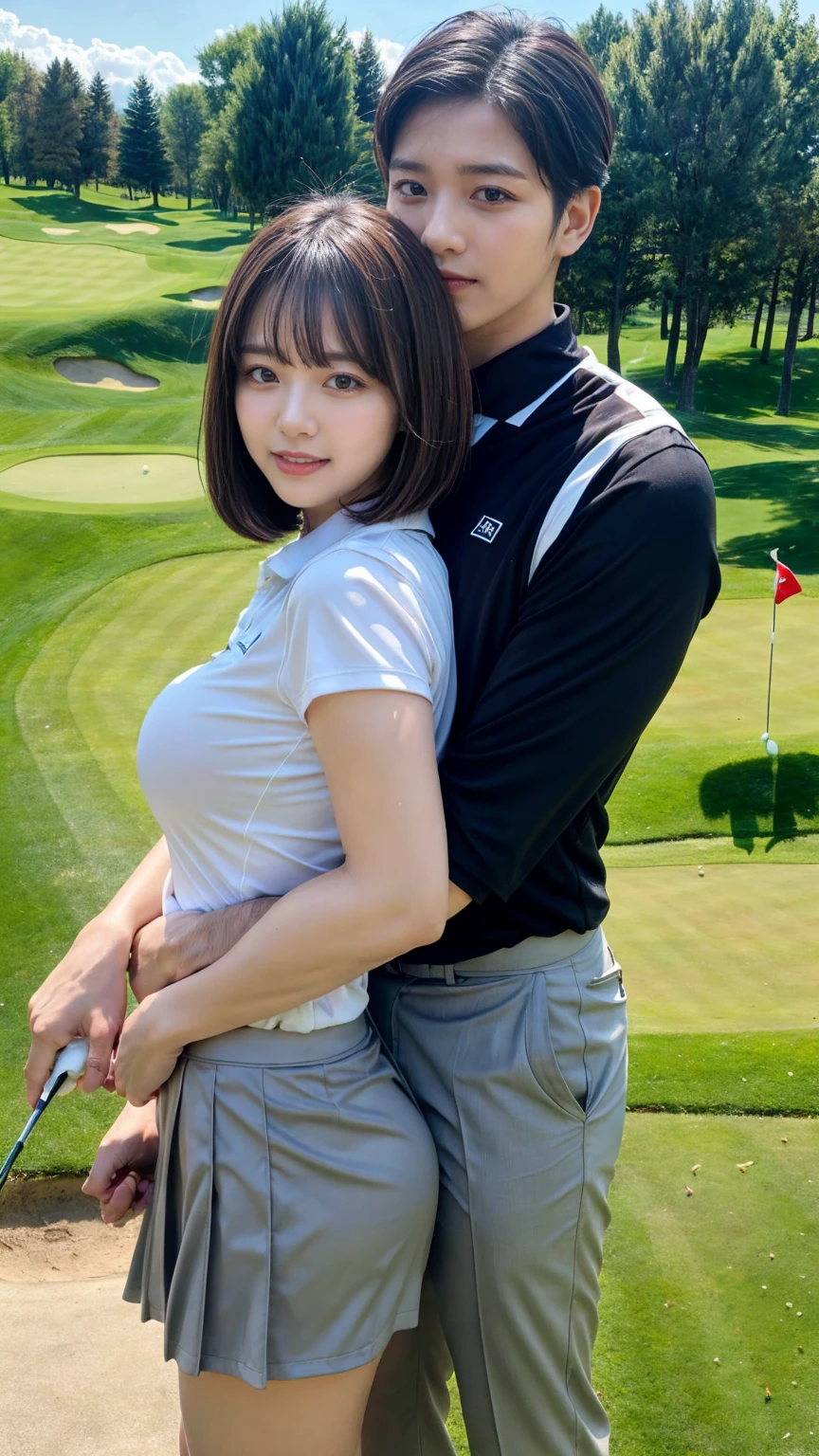 1 young office lady being hugged from back by 1 man:1.2,close to each other:1.1), (man's hand touching her breast:1.1),very cute face,bob cut,white skin-tight golf uniform,embarrassed,golf course,perfect anatomy, masterpiece, best quality,8k,perfect face,from front,upper body