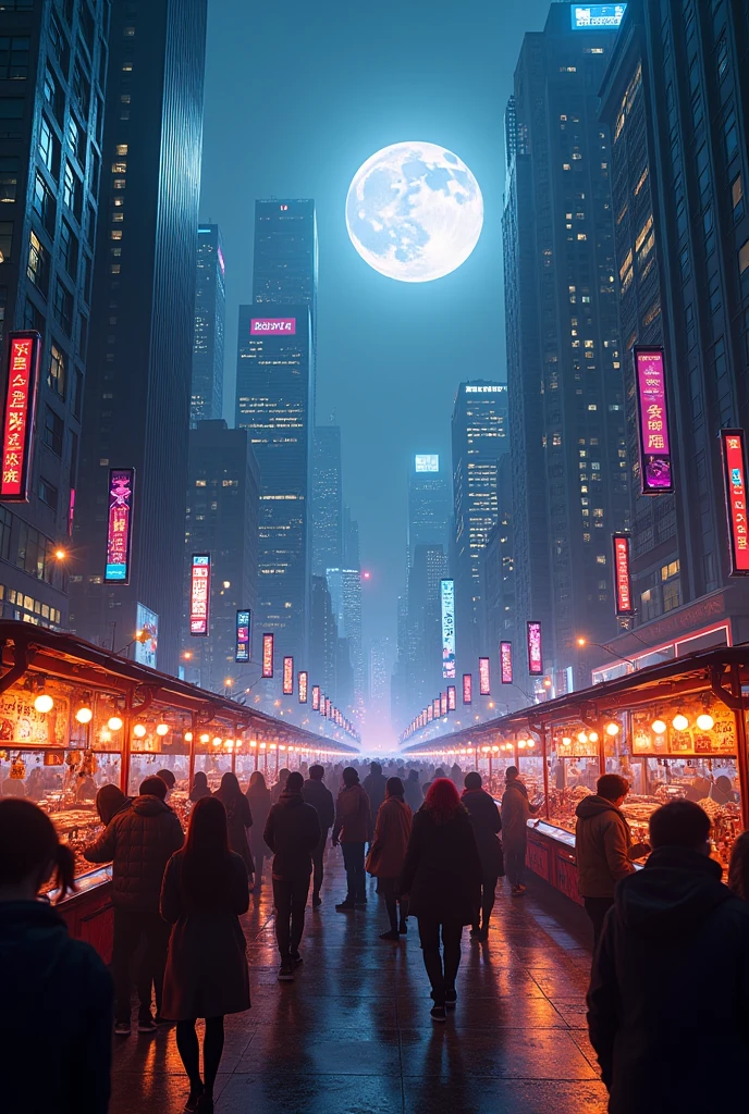street level shot a full crowd of conversation people in a bazaar with customer from NIGHT market festival in new york beside the street with futuristic city street metropolis night, big moonlight, cyberpunk vibes, neon lights or led screen, symmetrical view and vertical orientation