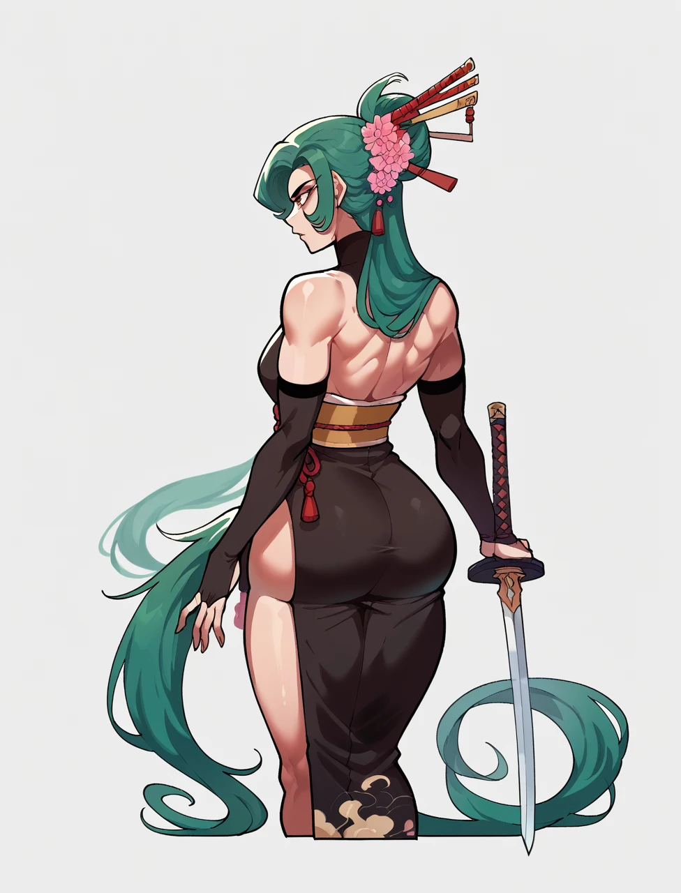 score_9, score_8_up, 1girl, goddess, kimono, black pony tail, cursed clothing, arm sleeves, thick body, sword in hands, looking away, thick ass
