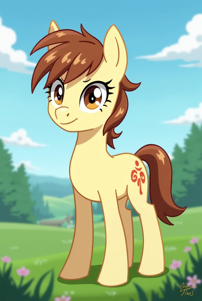 Create an image of the character Ayanokouji Kiyotaka from the anime Classroom of the Elite but as a pony from the MLP world. His hair color is brown and amber eyes and fair skin. He is male and has a cutie mark for manipulation. His fur is shorter like a book but with a lock of hair on his forehead and a lighter fur tone but with his pony form and without clothes.