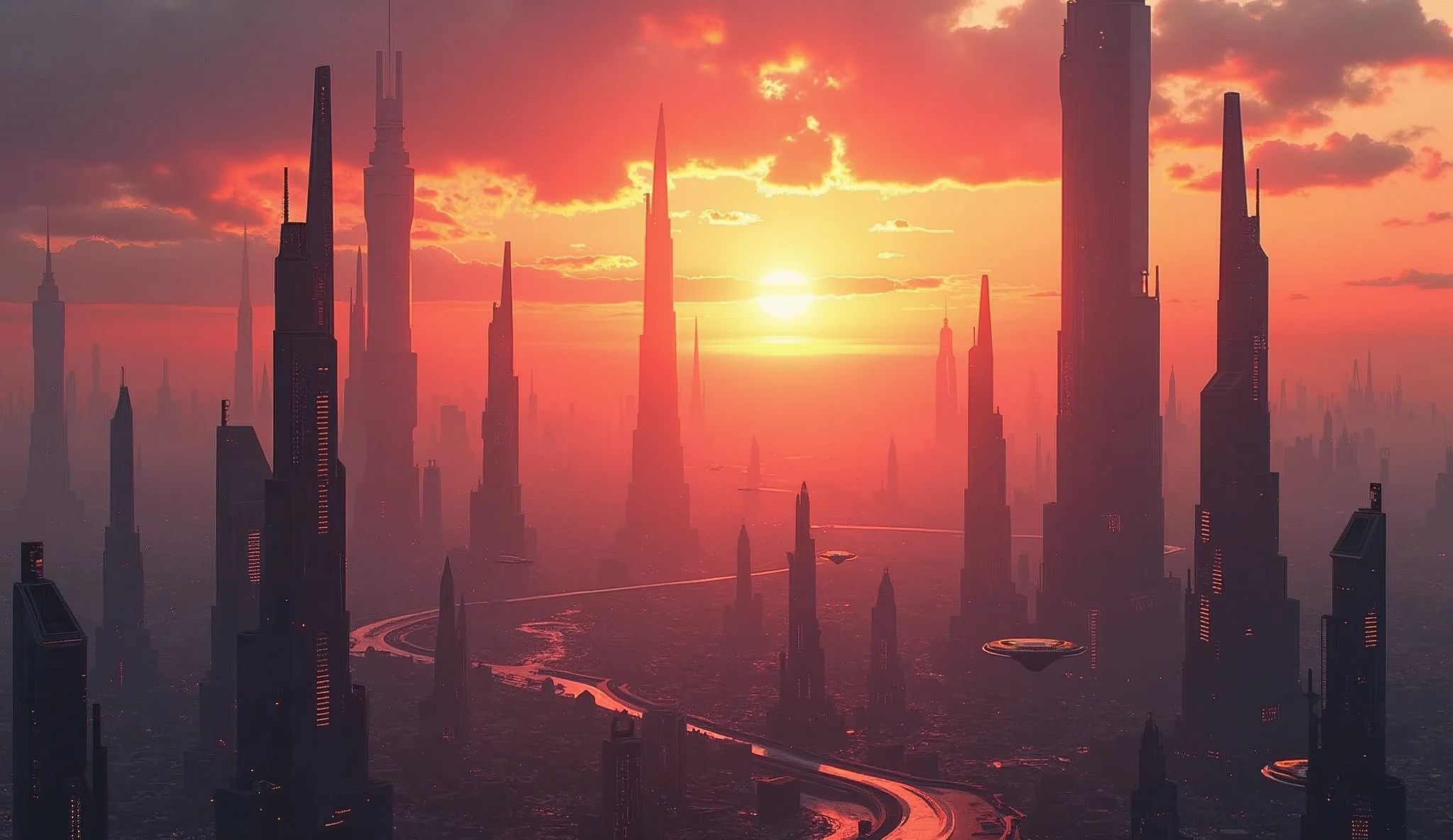 Sci-fi cityscape sunset, epic masterpiece, cinematic, volumetric lighting