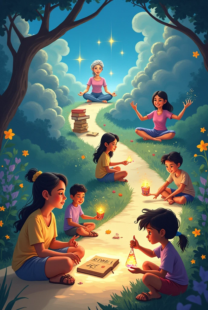 Disney-style book coverage of People from around the world accessing the self-improvement program, showing different people developing skills.
