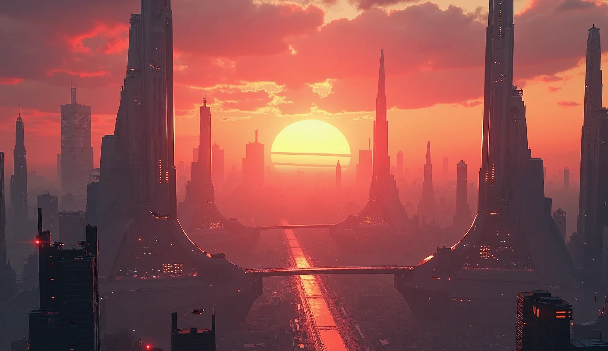 Sci-fi cityscape sunset, epic masterpiece, cinematic, volumetric lighting