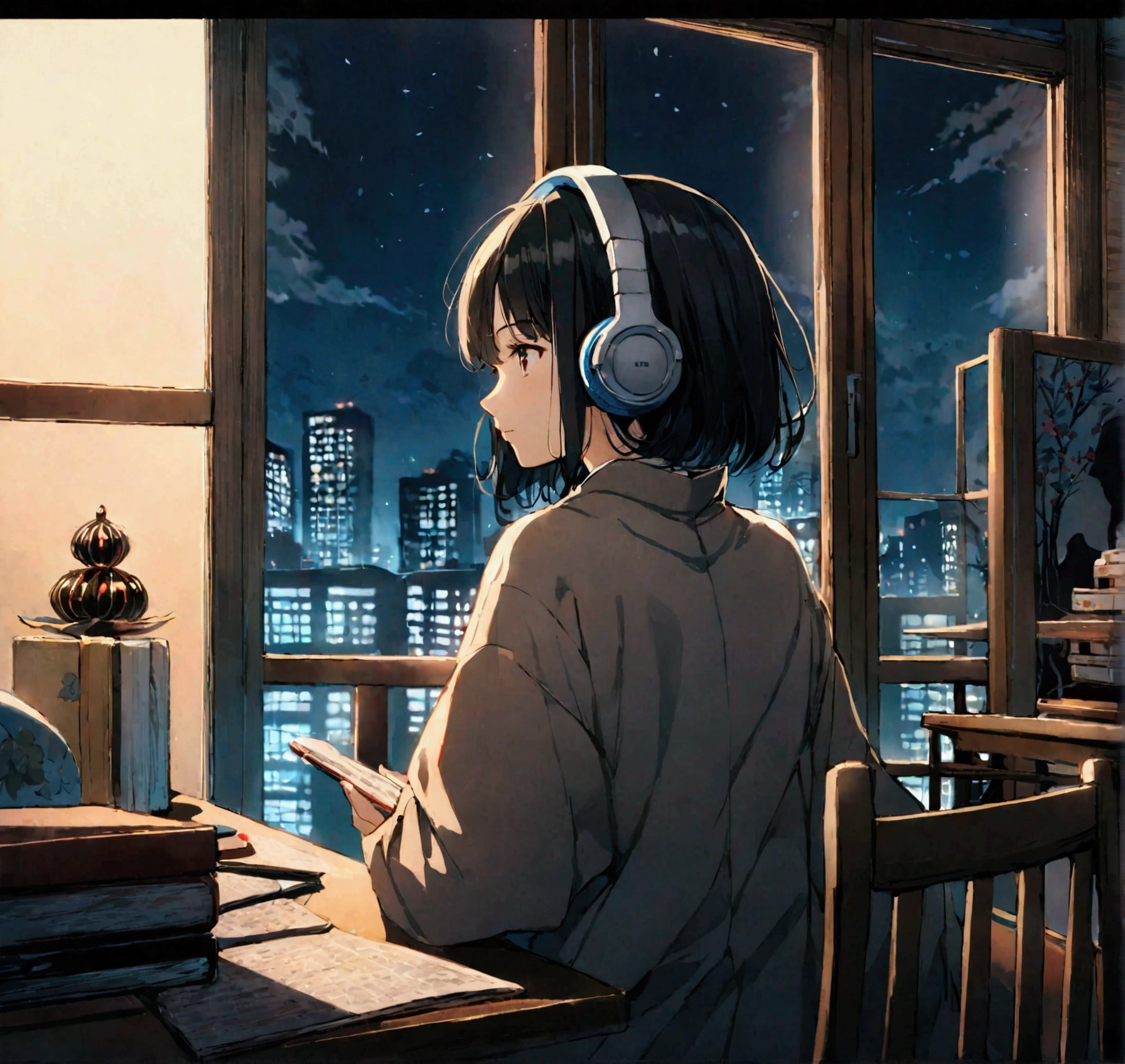 Midnight、Beautiful casually dressed woman studying while listening to music on headphones in her room。Dim lighting。Outside the room, There are many tall buildings.。Japanese anime style。