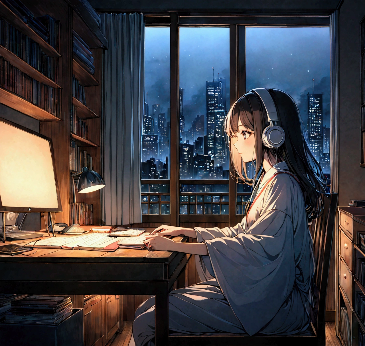 Midnight、Beautiful casually dressed woman studying while listening to music on headphones in her room。Dim lighting。Outside the room, There are many tall buildings.。Japanese anime style。