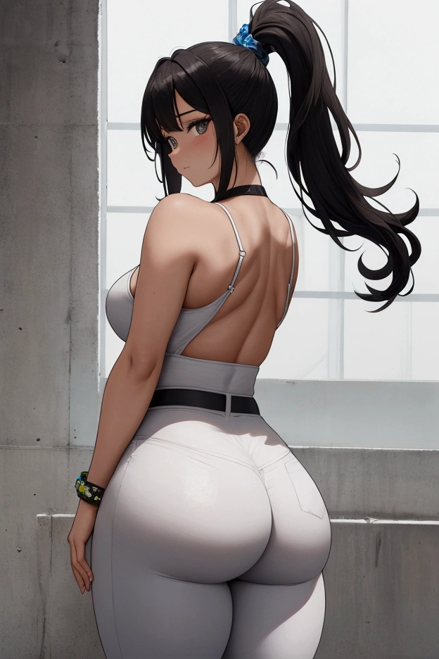 score_9,score_8_above,score_7_above, Ravin Darkholms, alone,White background,deportes biin, spaghetti strap,neckline, sinos grandes,looking_in_viewer,broad, High ponytail, gray pants,yoga pants,Your pants,thick high waist,hindidura lateral,thick thighs,losa sintada,fashion dress, big butt.